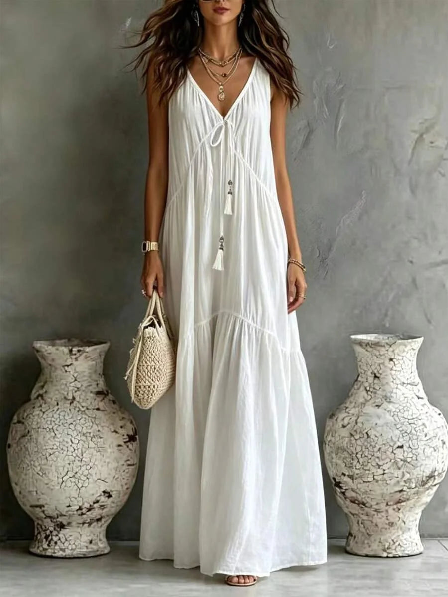 Vestido Longo de Alças Finas Brisa da Ilha com Amarração e Borlas — fotografia 1 | Mar & Pérola