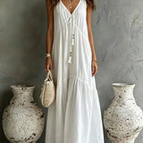Vestido Longo de Alças Finas Brisa da Ilha com Amarração e Borlas