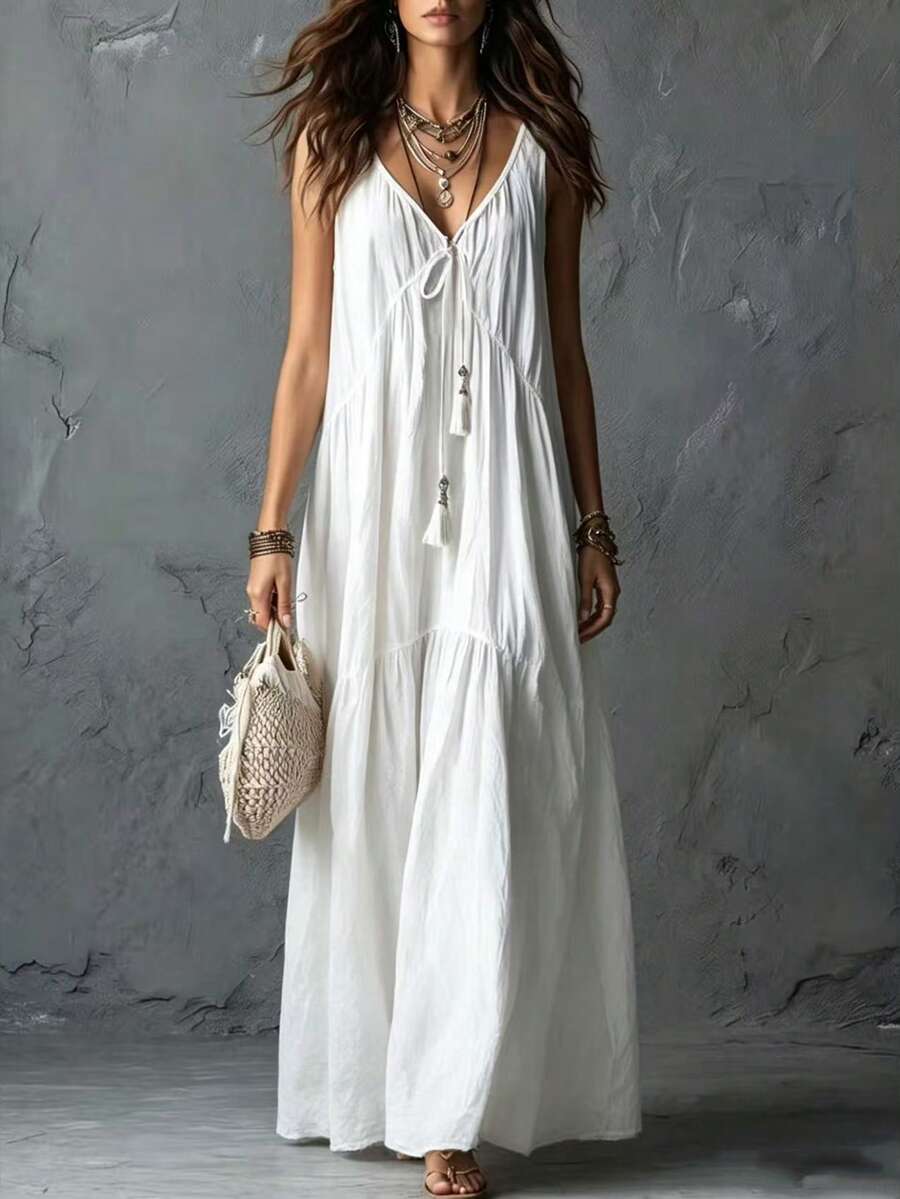 Vestido Longo de Alças Finas Brisa da Ilha com Amarração e Borlas — fotografia 3 | Mar & Pérola
