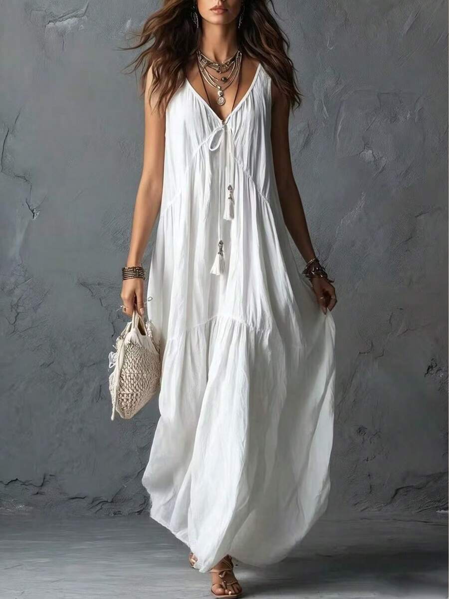 Vestido Longo de Alças Finas Brisa da Ilha com Amarração e Borlas — fotografia 4 | Mar & Pérola