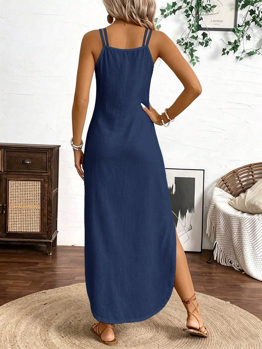 Vestido Longo de Alças Linhas da Enseada com Listras Verticais e Fenda — fotografia 44 | Mar & Pérola