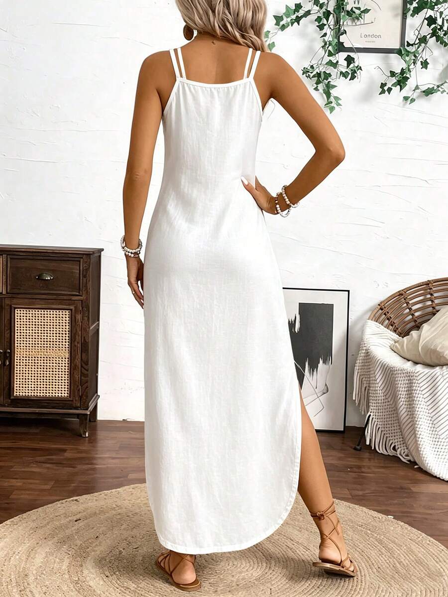 Vestido Longo de Alças Linhas da Enseada com Listras Verticais e Fenda — fotografia 50 | Mar & Pérola