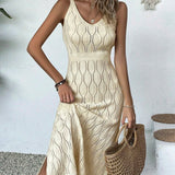 Vestido Longo de Tricô Decote V Brisa de Verão com Fenda na Barra