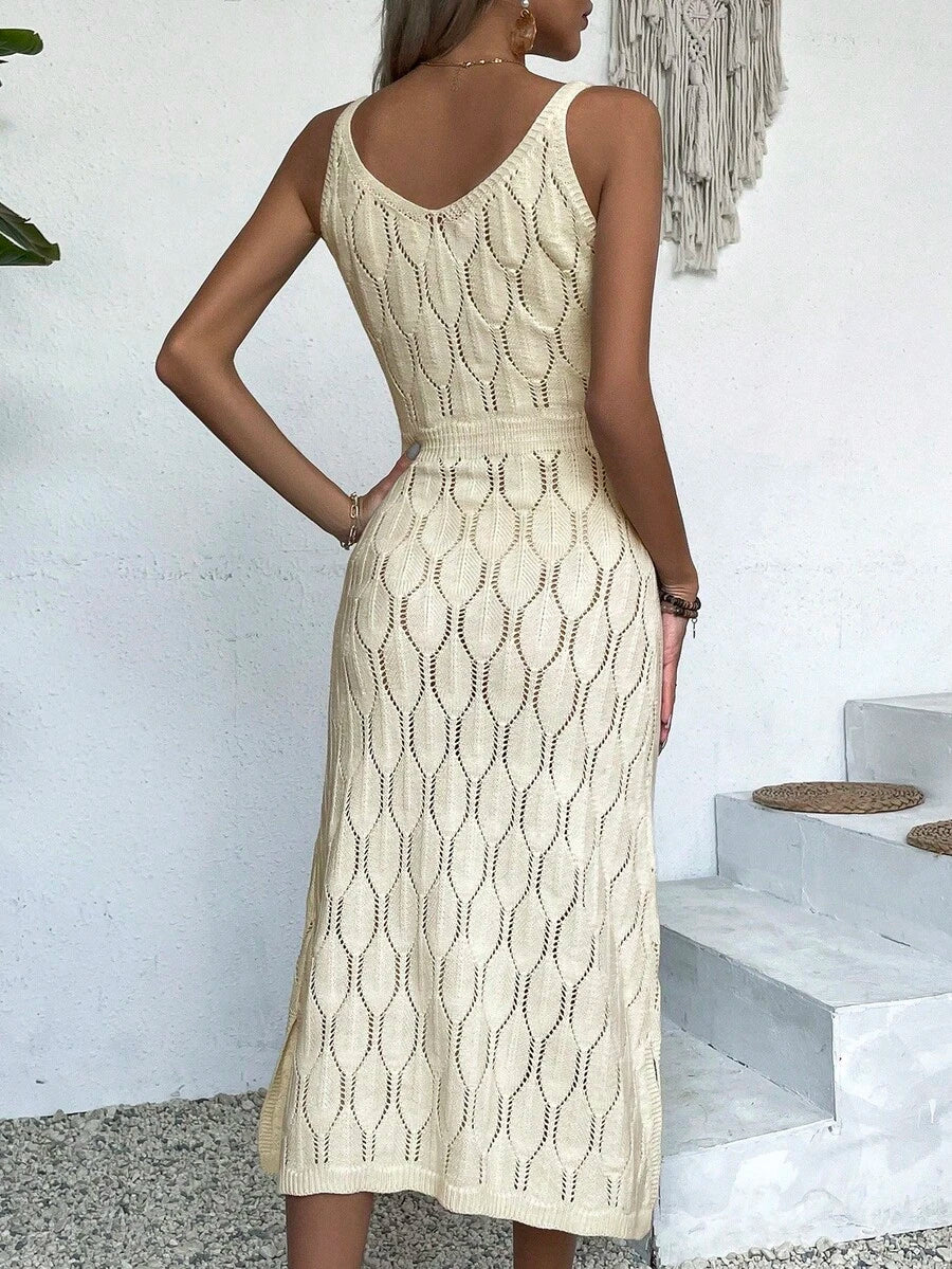 Vestido Longo de Tricô Decote V Brisa de Verão com Fenda na Barra — fotografia 2 | Mar & Pérola