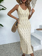 Vestido Longo de Tricô Decote V Brisa de Verão com Fenda na Barra — fotografia 3 | Mar & Pérola