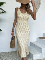Vestido Longo de Tricô Decote V Brisa de Verão com Fenda na Barra — fotografia 4 | Mar & Pérola