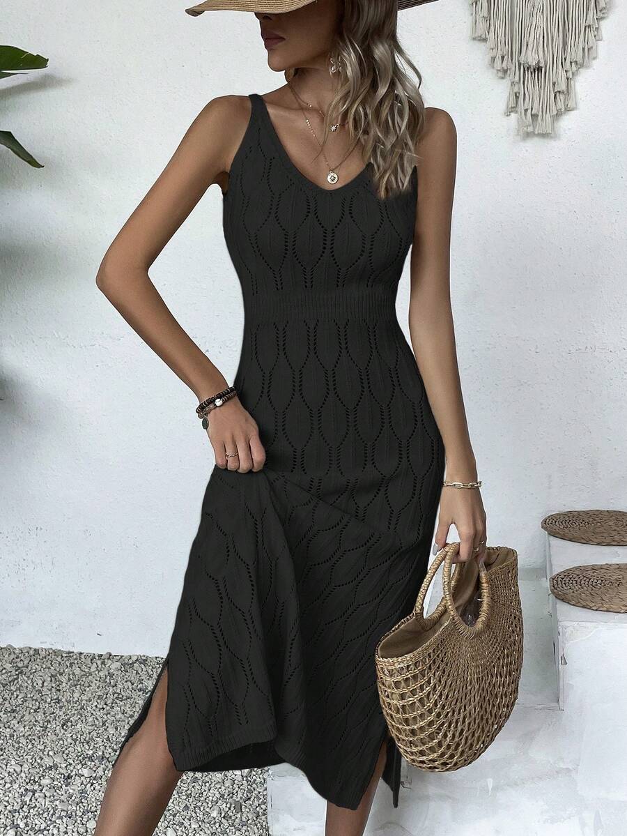 Vestido Longo de Tricô Decote V Brisa de Verão com Fenda na Barra — fotografia 7 | Mar & Pérola