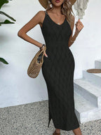 Vestido Longo de Tricô Decote V Brisa de Verão com Fenda na Barra — fotografia 9 | Mar & Pérola