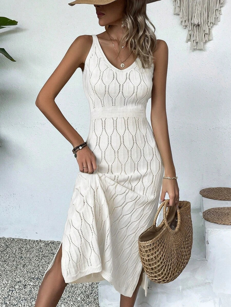 Vestido Longo de Tricô Decote V Brisa de Verão com Fenda na Barra — fotografia 19 | Mar & Pérola