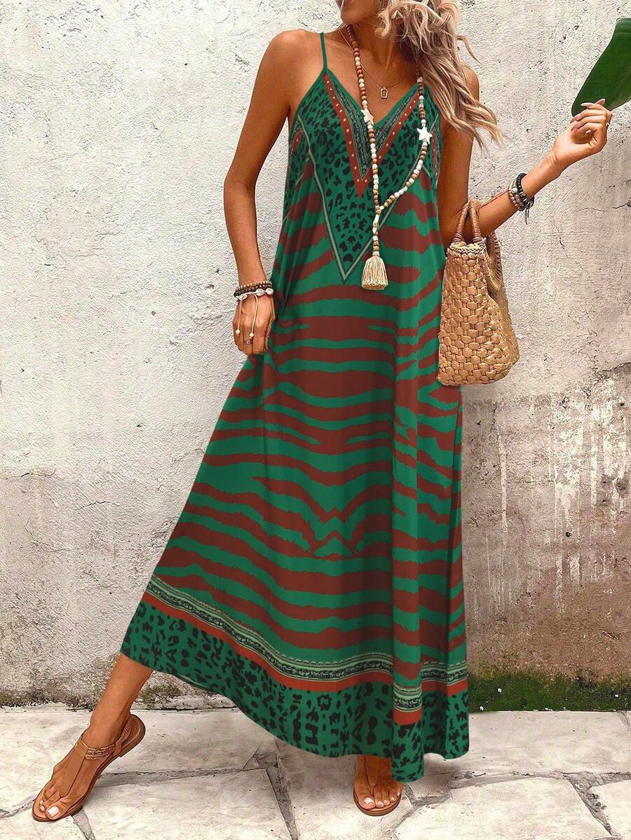 Vestido Longo Estampa de Onça Costa Serena com Alças Finas — fotografia 168 | Mar & Pérola