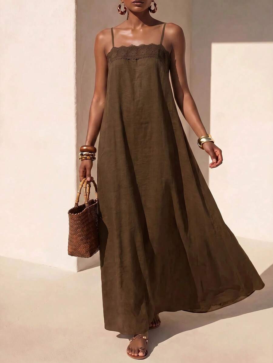Vestido Longo Solto de Alças Finas Orla Solar com Babado — fotografia 1 | Mar & Pérola