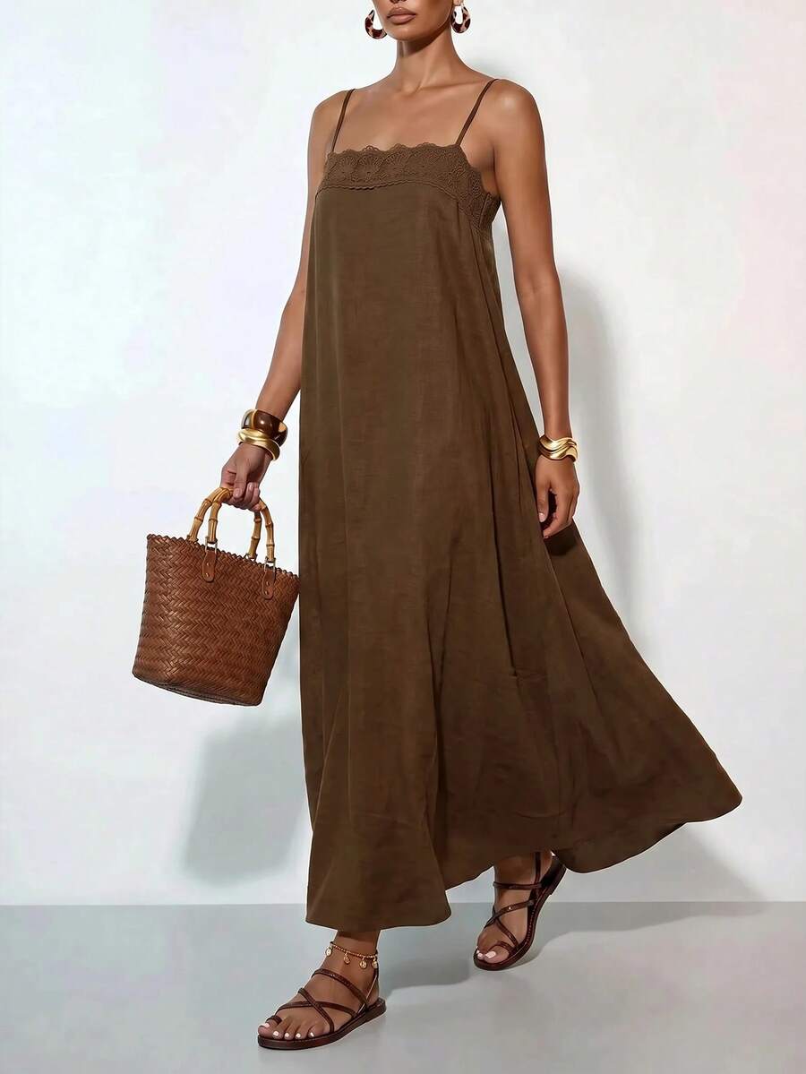 Vestido Longo Solto de Alças Finas Orla Solar com Babado — fotografia 4 | Mar & Pérola