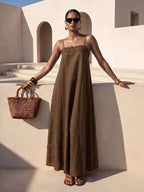 Vestido Longo Solto de Alças Finas Orla Solar com Babado — fotografia 5 | Mar & Pérola