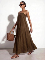Vestido Longo Solto de Alças Finas Orla Solar com Babado — fotografia 6 | Mar & Pérola