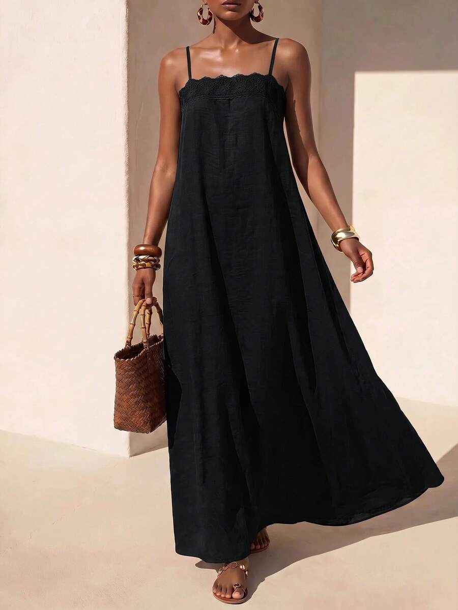 Vestido Longo Solto de Alças Finas Orla Solar com Babado — fotografia 8 | Mar & Pérola
