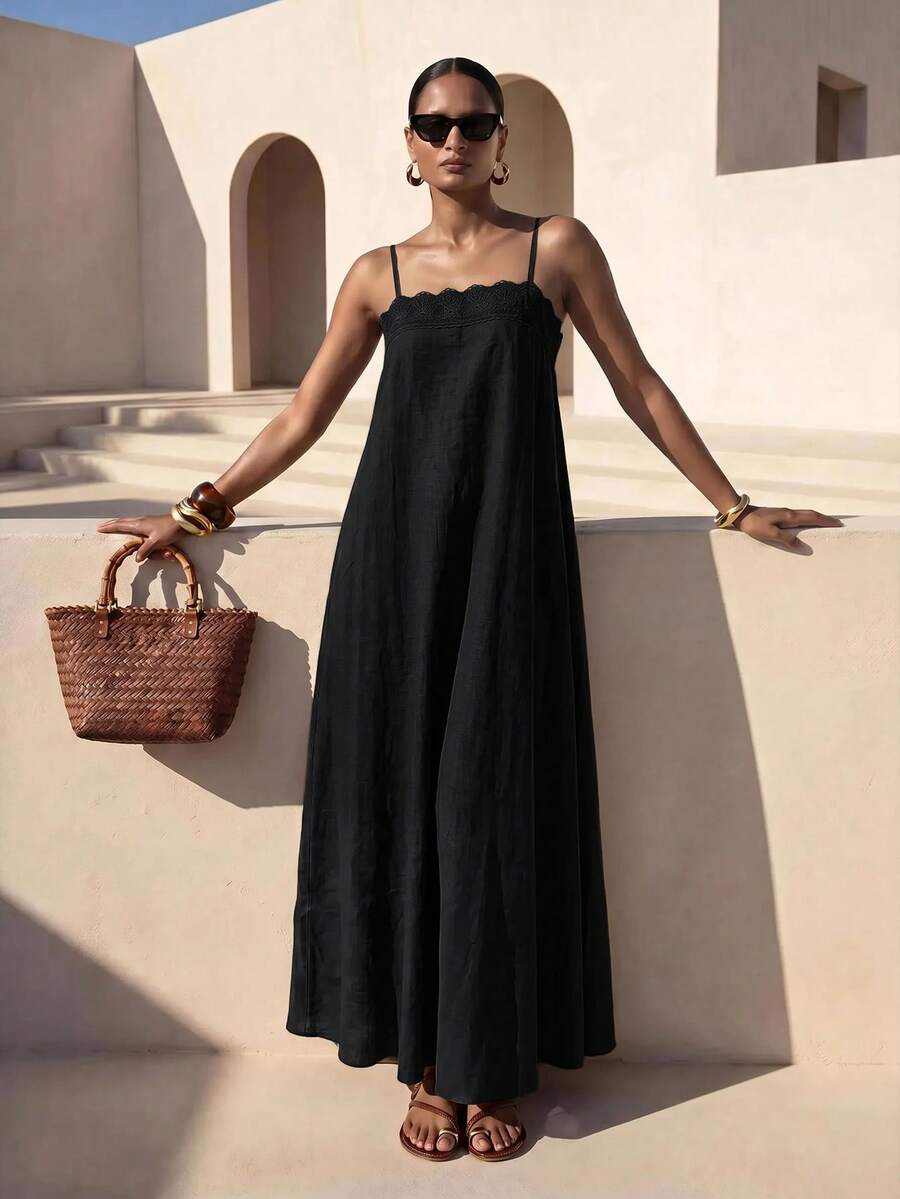 Vestido Longo Solto de Alças Finas Orla Solar com Babado — fotografia 12 | Mar & Pérola