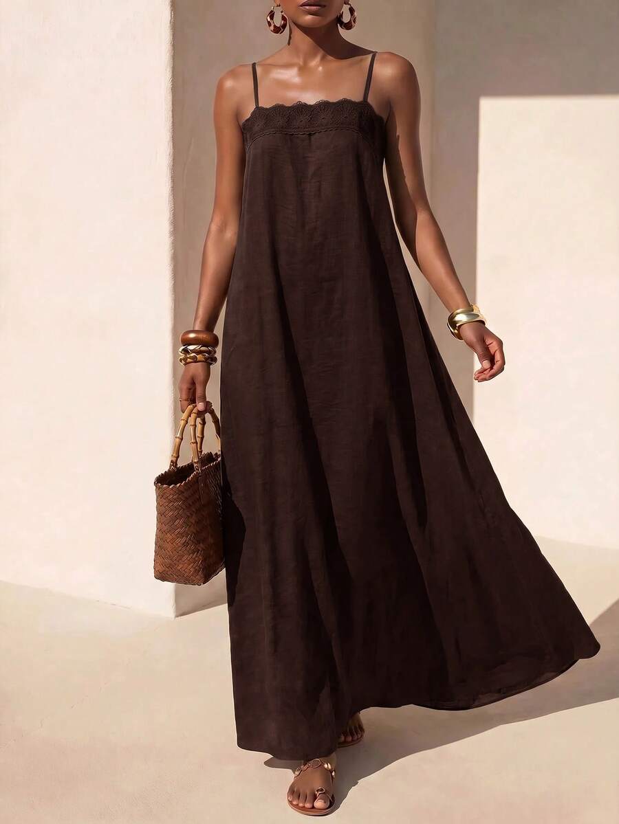 Vestido Longo Solto de Alças Finas Orla Solar com Babado — fotografia 15 | Mar & Pérola