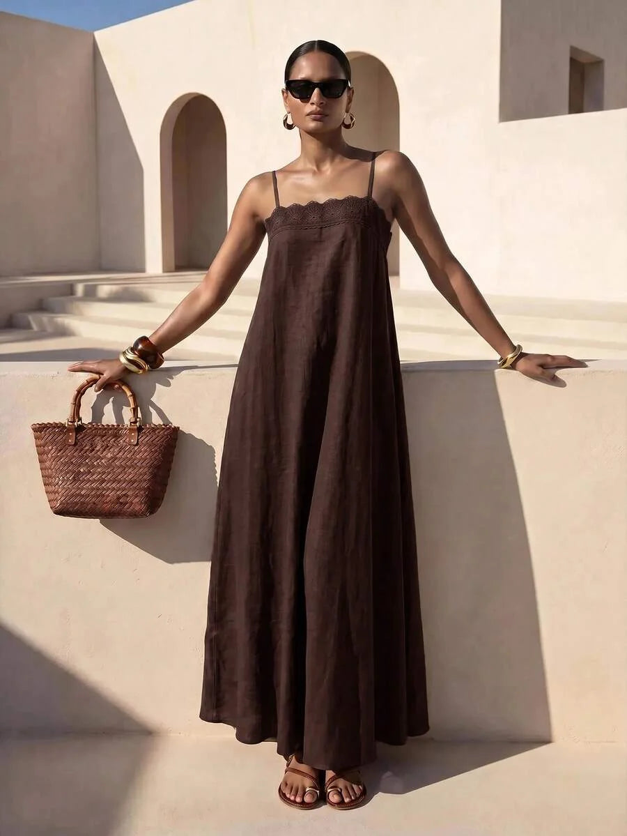 Vestido Longo Solto de Alças Finas Orla Solar com Babado — fotografia 19 | Mar & Pérola