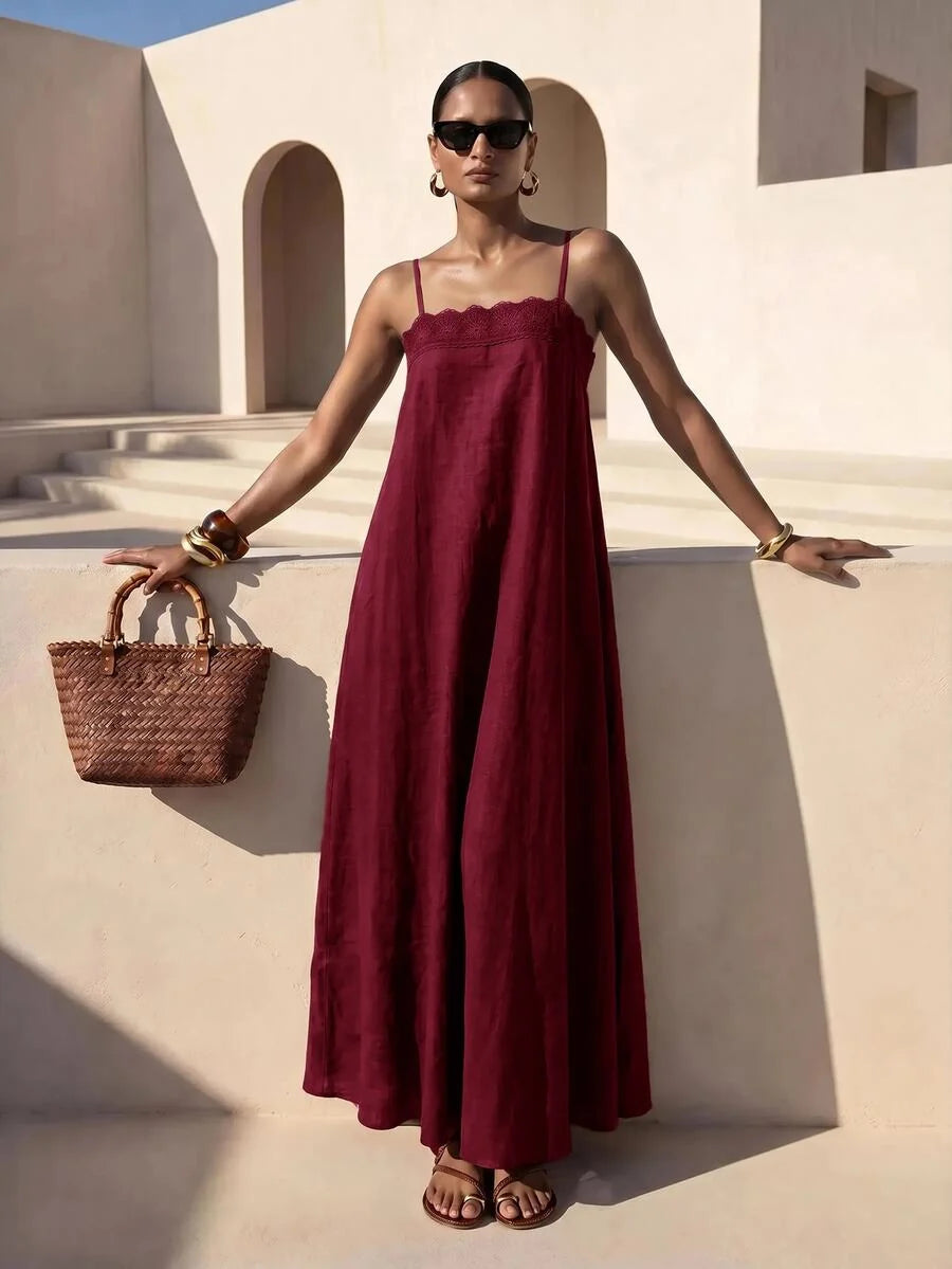 Vestido Longo Solto de Alças Finas Orla Solar com Babado — fotografia 38 | Mar & Pérola
