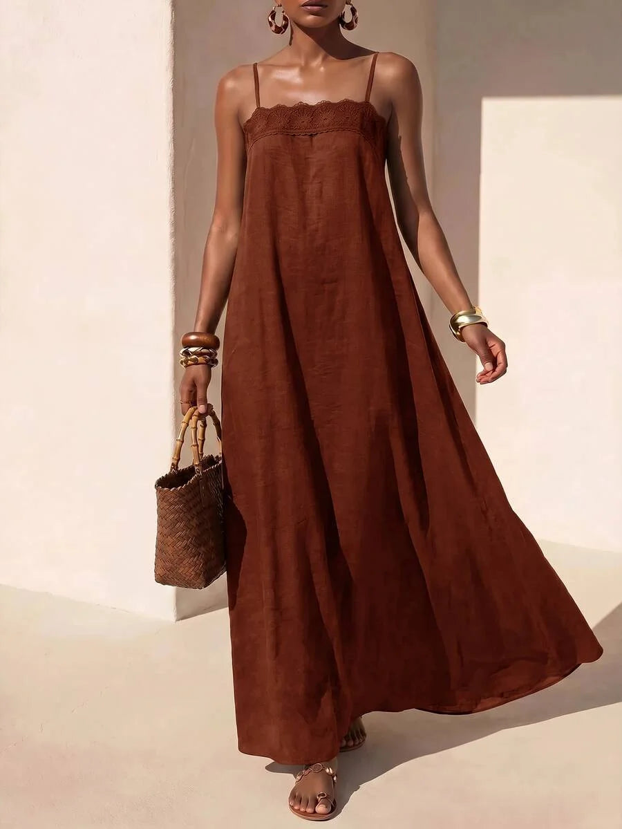 Vestido Longo Solto de Alças Finas Orla Solar com Babado — fotografia 41 | Mar & Pérola