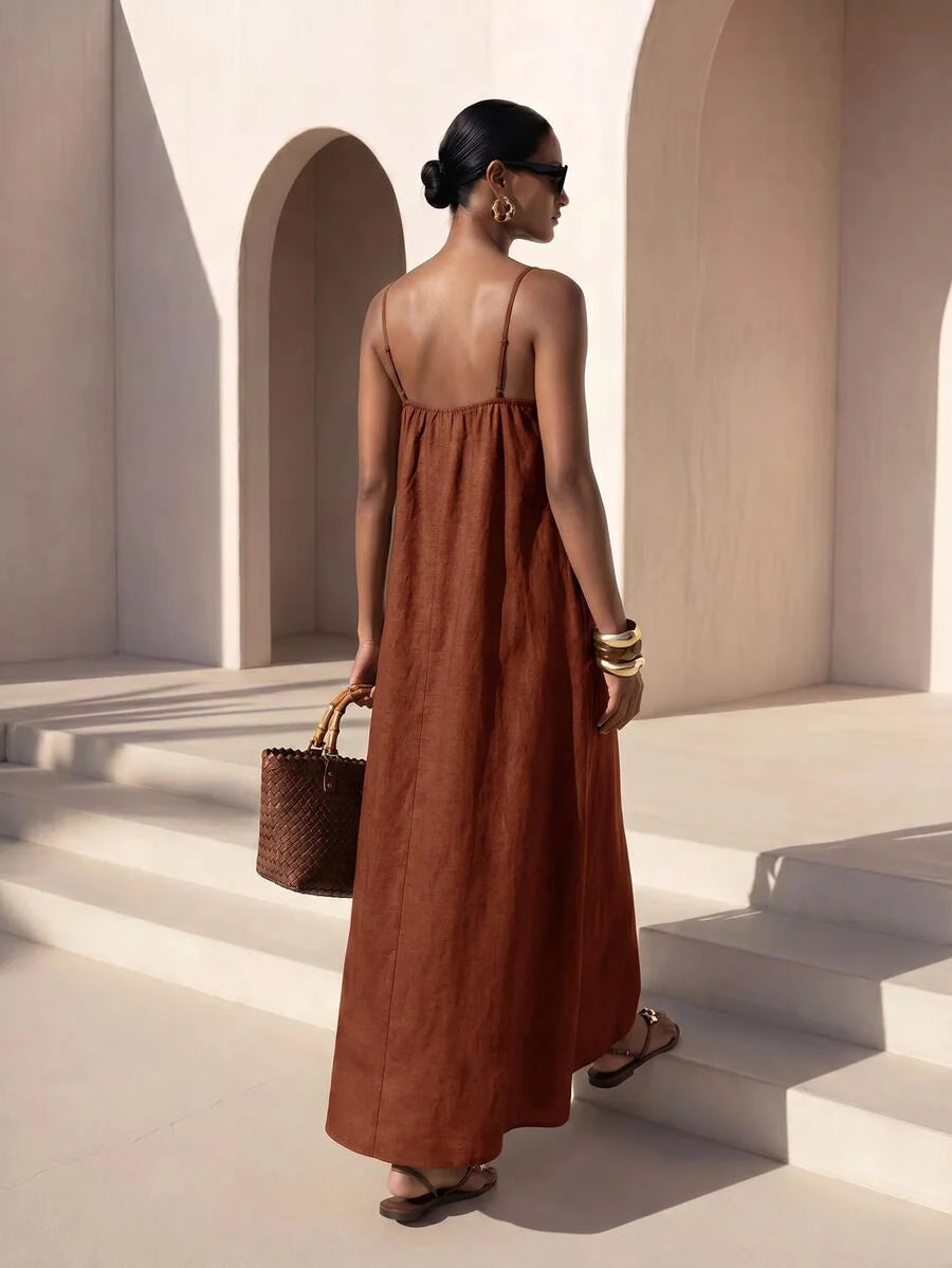 Vestido Longo Solto de Alças Finas Orla Solar com Babado — fotografia 42 | Mar & Pérola