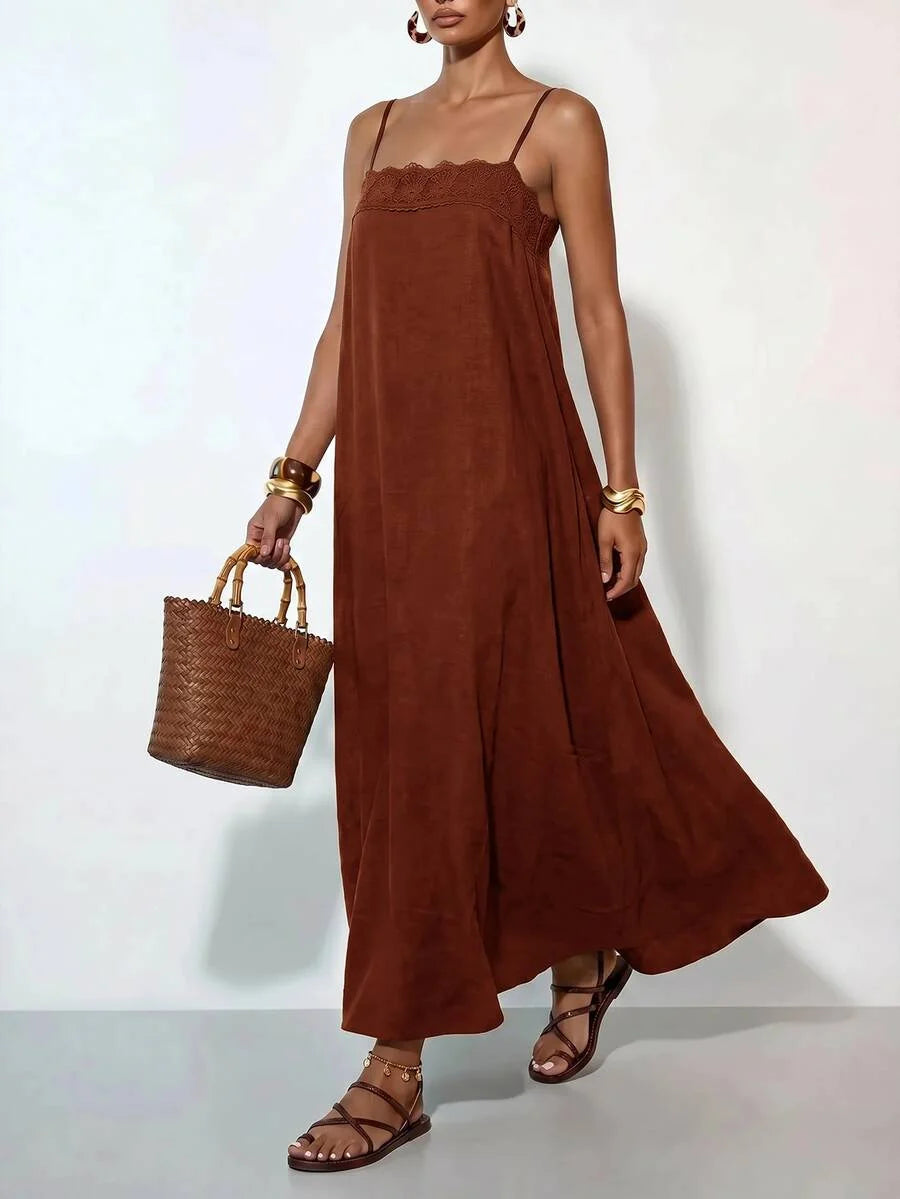 Vestido Longo Solto de Alças Finas Orla Solar com Babado — fotografia 44 | Mar & Pérola