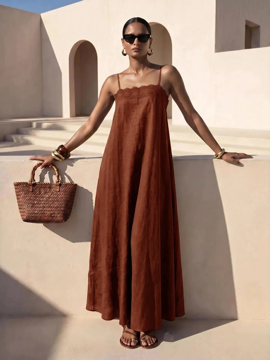 Vestido Longo Solto de Alças Finas Orla Solar com Babado — fotografia 45 | Mar & Pérola