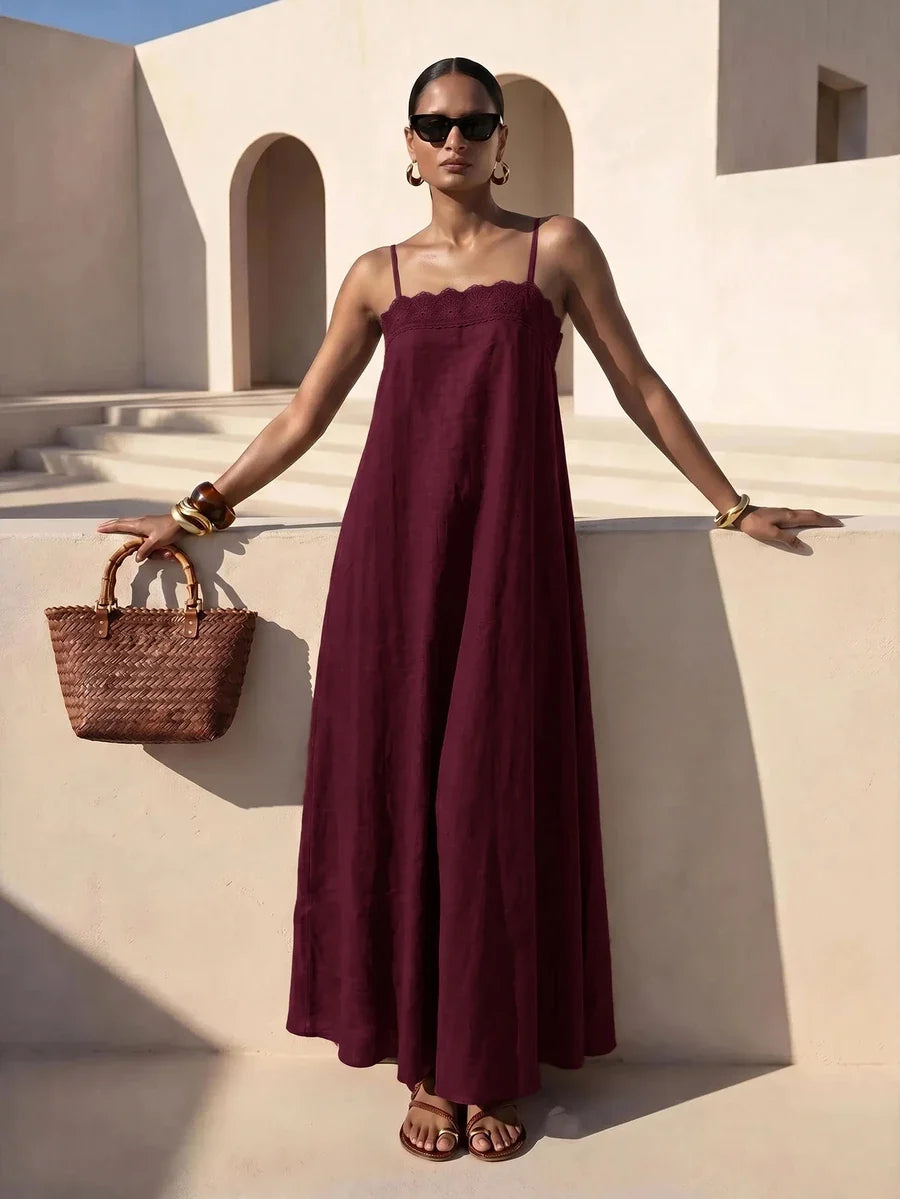 Vestido Longo Solto de Alças Finas Orla Solar com Babado — fotografia 52 | Mar & Pérola