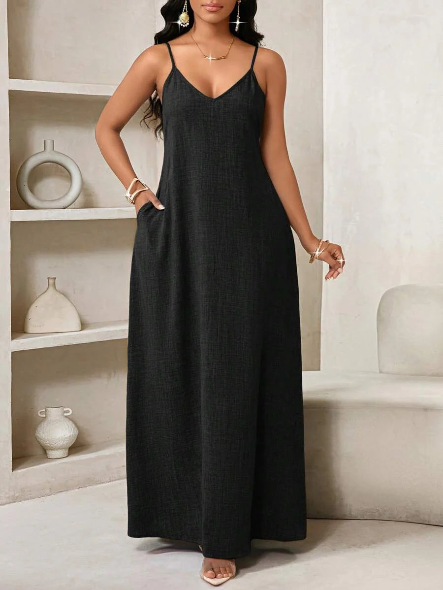 Vestido Maxi Boho de Alças Brisa Boho com Costas Abertas e Bolsos — fotografia 8 | Mar & Pérola