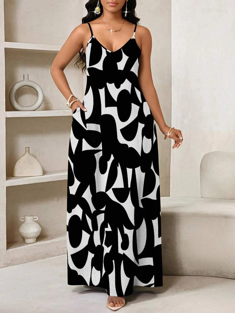 Vestido Maxi de Alças Linhas da Maré com Estampa Geométrica e Bolsos — fotografia 1 | Mar & Pérola