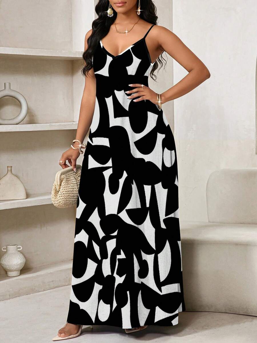 Vestido Maxi de Alças Linhas da Maré com Estampa Geométrica e Bolsos — fotografia 3 | Mar & Pérola