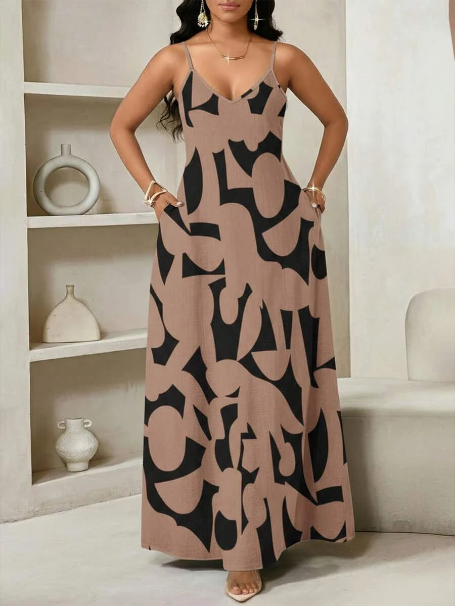 Vestido Maxi de Alças Linhas da Maré com Estampa Geométrica e Bolsos — fotografia 13 | Mar & Pérola