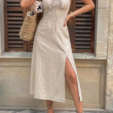 Vestido Midi de Algodão Enseada com Busto Plissado e Fenda Lateral