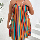 Vestido Plus Size de Praia Halter Listrado Ritmo da Costa