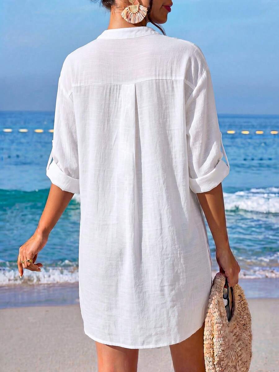 Vestido Saída de Praia Chemise Curto Brisa de Verão com Barra Assimétrica — fotografia 4 | Mar & Pérola