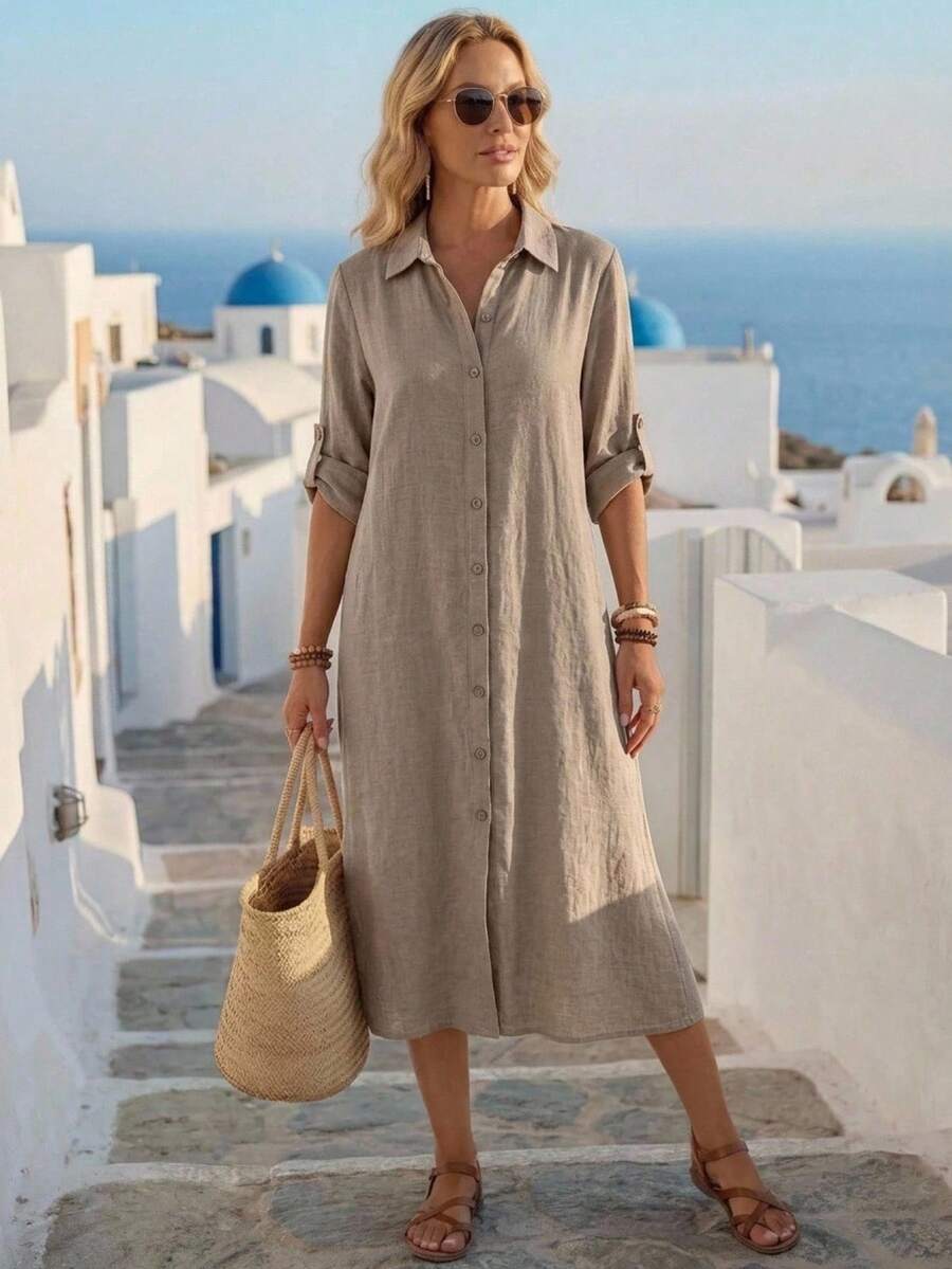 Vestido Saída de Praia Chemise Midi Luz da Orla com Botões e Manga Dobrável — fotografia 1 | Mar & Pérola