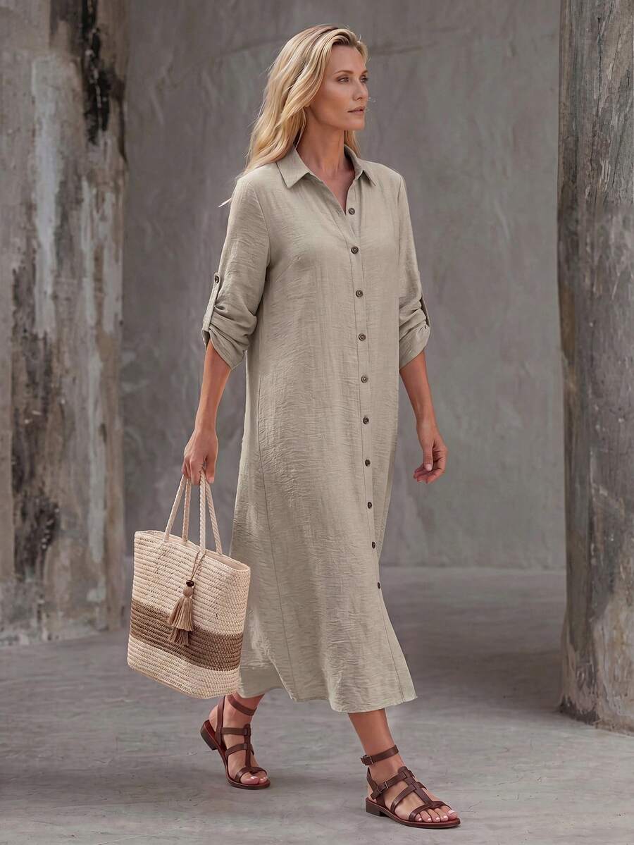Vestido Saída de Praia Chemise Midi Luz da Orla com Botões e Manga Dobrável — fotografia 4 | Mar & Pérola