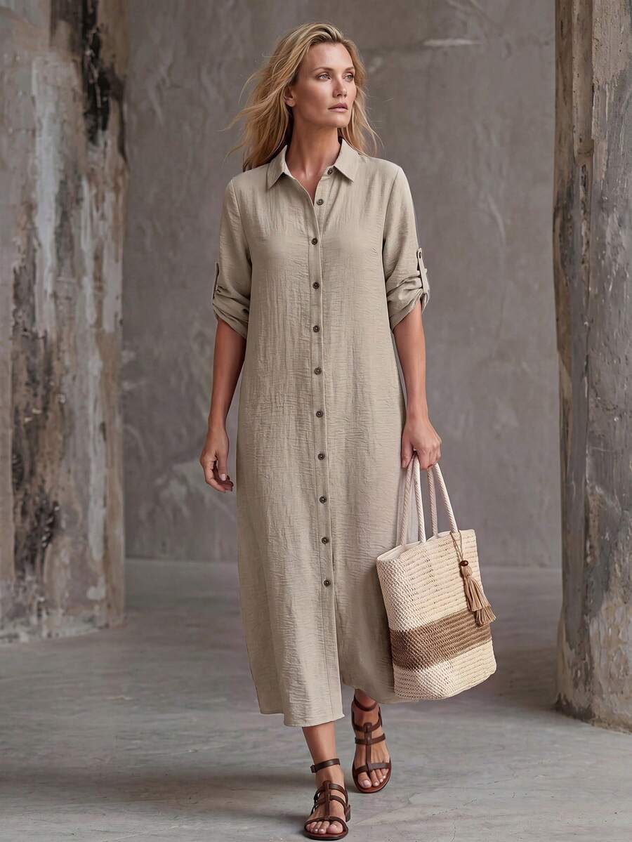 Vestido Saída de Praia Chemise Midi Luz da Orla com Botões e Manga Dobrável — fotografia 7 | Mar & Pérola