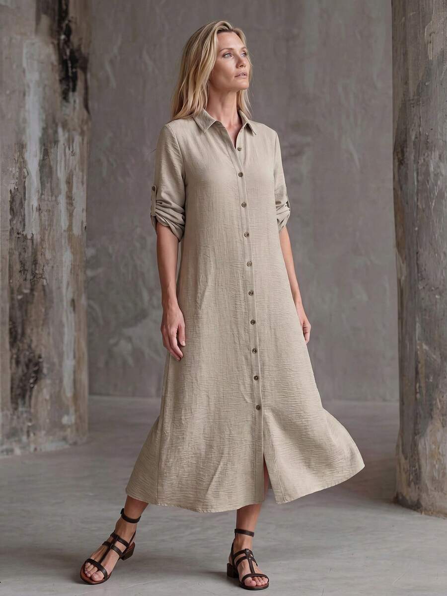 Vestido Saída de Praia Chemise Midi Luz da Orla com Botões e Manga Dobrável — fotografia 8 | Mar & Pérola