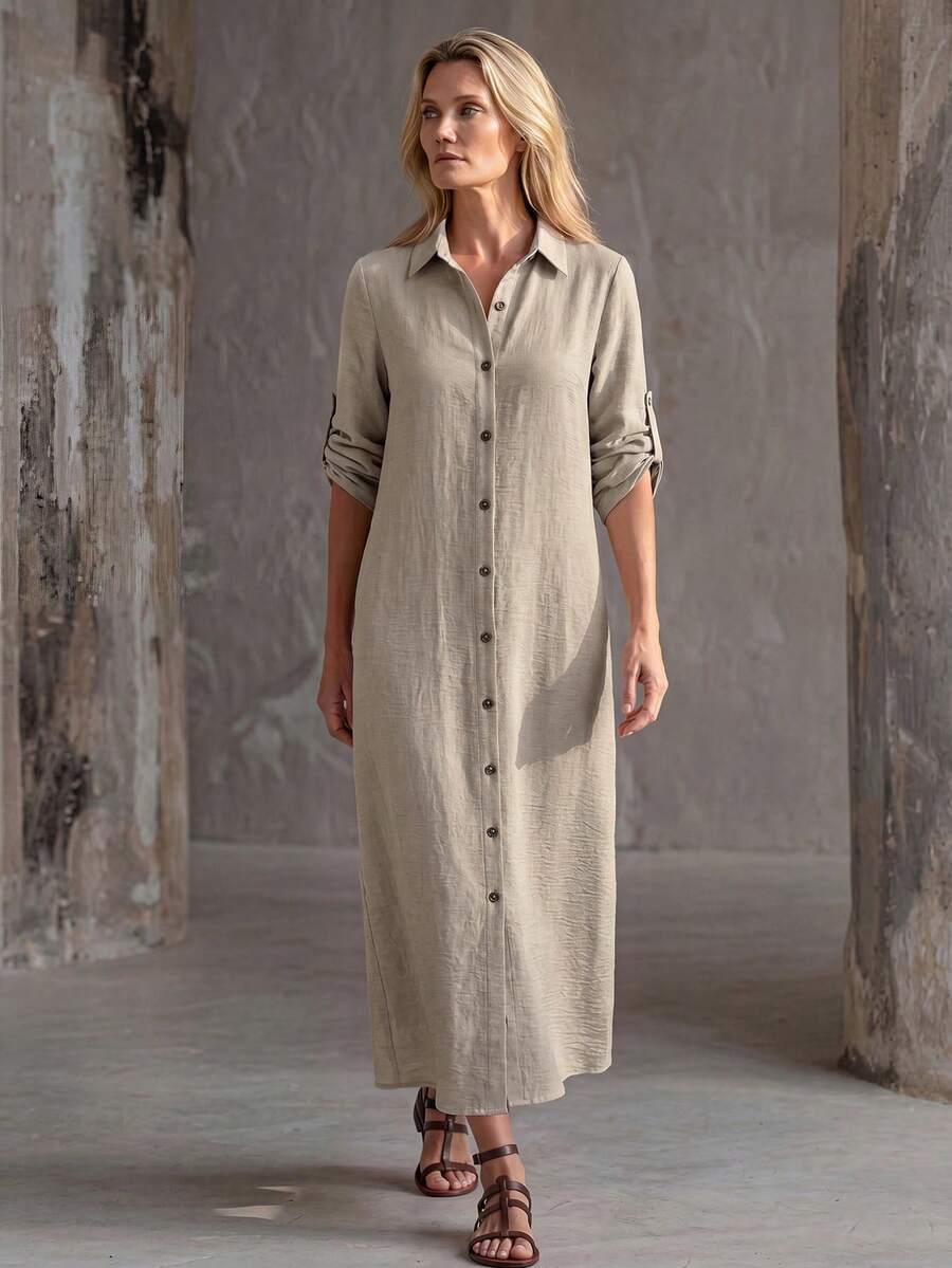 Vestido Saída de Praia Chemise Midi Luz da Orla com Botões e Manga Dobrável — fotografia 9 | Mar & Pérola