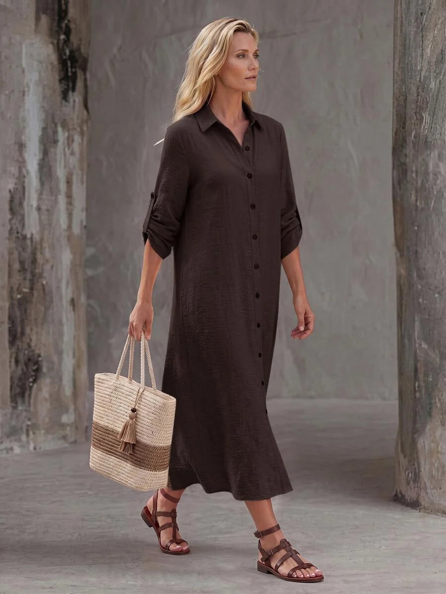 Vestido Saída de Praia Chemise Midi Luz da Orla com Botões e Manga Dobrável — fotografia 13 | Mar & Pérola