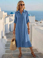 Vestido Saída de Praia Chemise Midi Luz da Orla com Botões e Manga Dobrável — fotografia 19 | Mar & Pérola