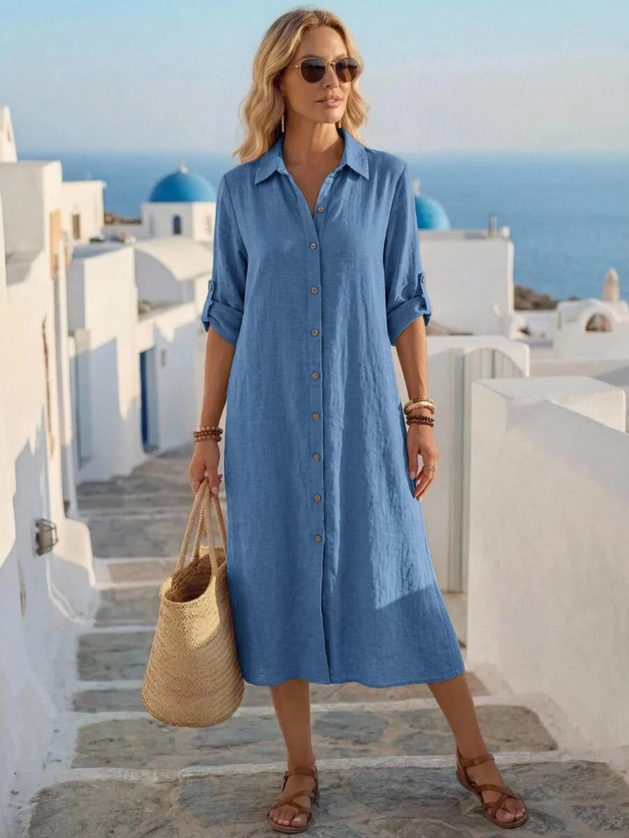 Vestido Saída de Praia Chemise Midi Luz da Orla com Botões e Manga Dobrável — fotografia 19 | Mar & Pérola