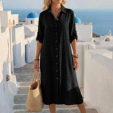 Vestido Saída de Praia Chemise Midi Luz da Orla com Botões e Manga Dobrável