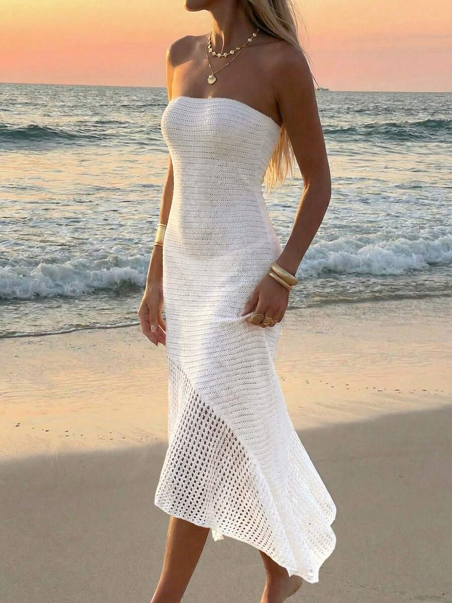 Vestido Saída de Praia Longo Bandeau Trama Solar em Crochê Vazado — fotografia 1 | Mar & Pérola