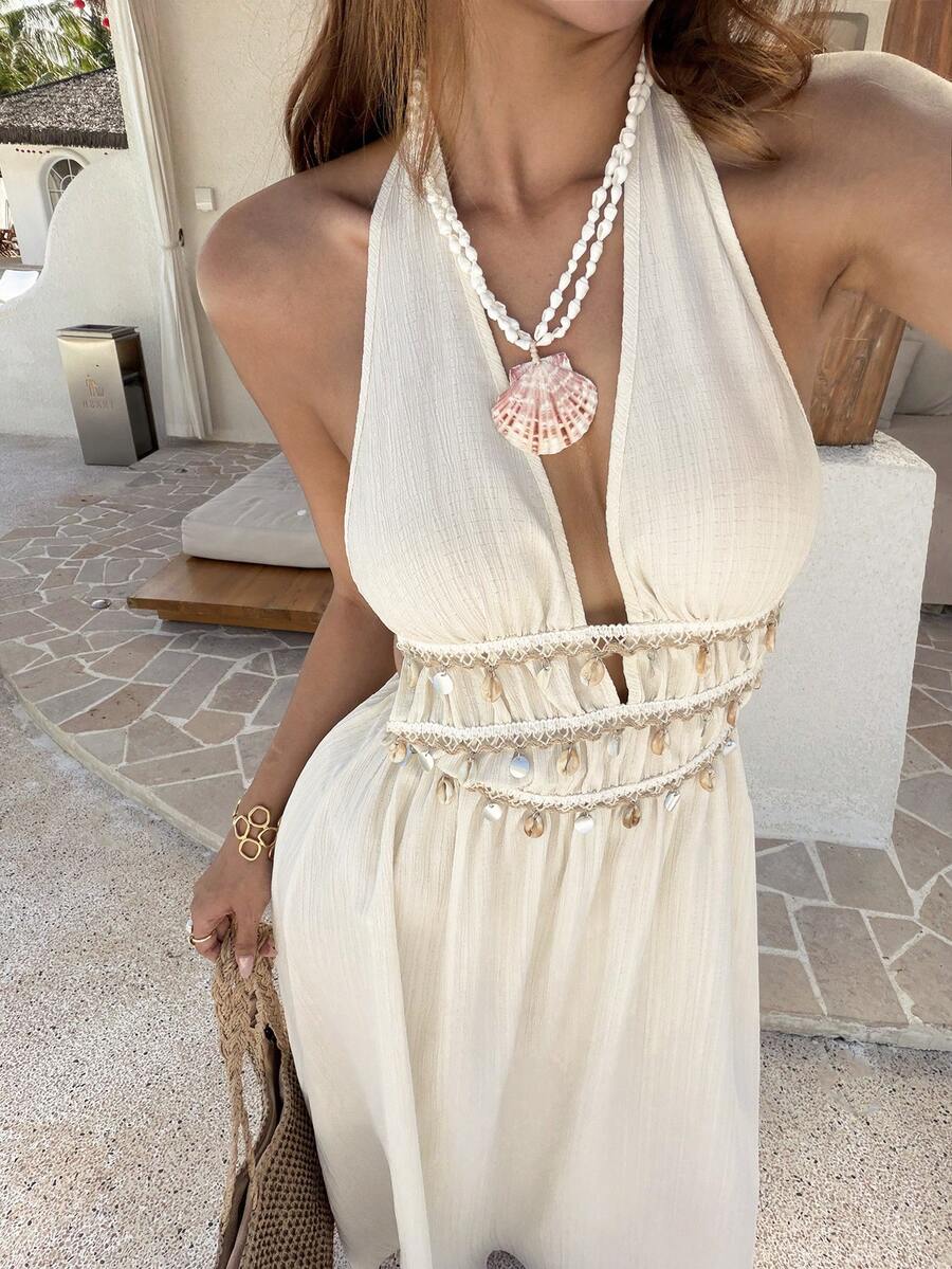 Vestido Saída de Praia Longo Halter Sol da Enseada com Nó e Bainha Plissada — fotografia 3 | Mar & Pérola