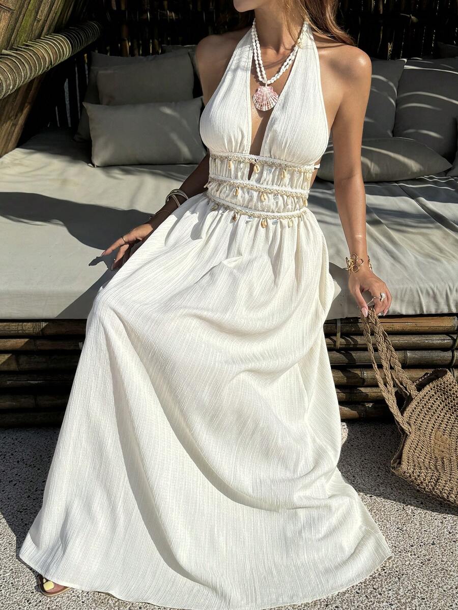 Vestido Saída de Praia Longo Halter Sol da Enseada com Nó e Bainha Plissada — fotografia 7 | Mar & Pérola