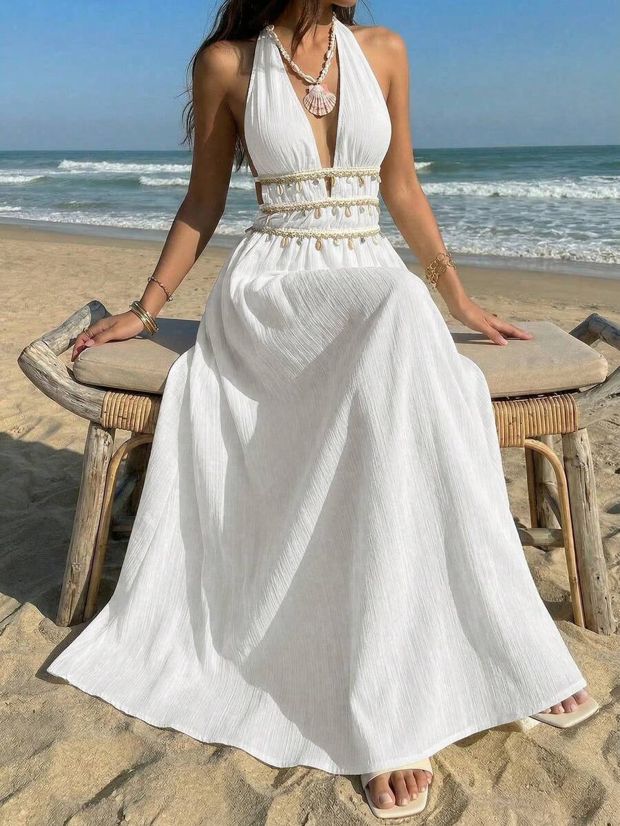 Vestido Saída de Praia Longo Halter Sol da Enseada com Nó e Bainha Plissada — fotografia 8 | Mar & Pérola