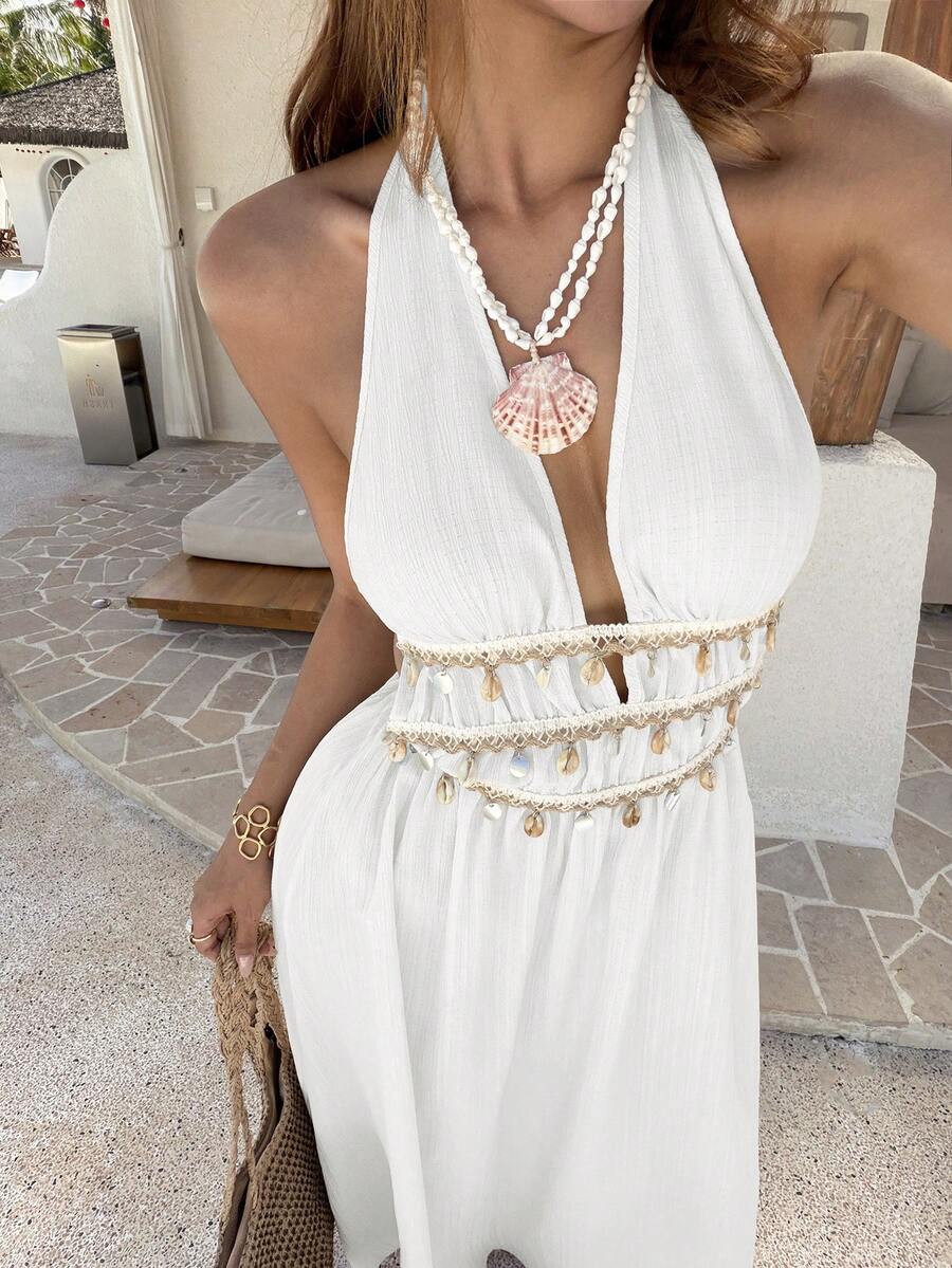 Vestido Saída de Praia Longo Halter Sol da Enseada com Nó e Bainha Plissada — fotografia 10 | Mar & Pérola