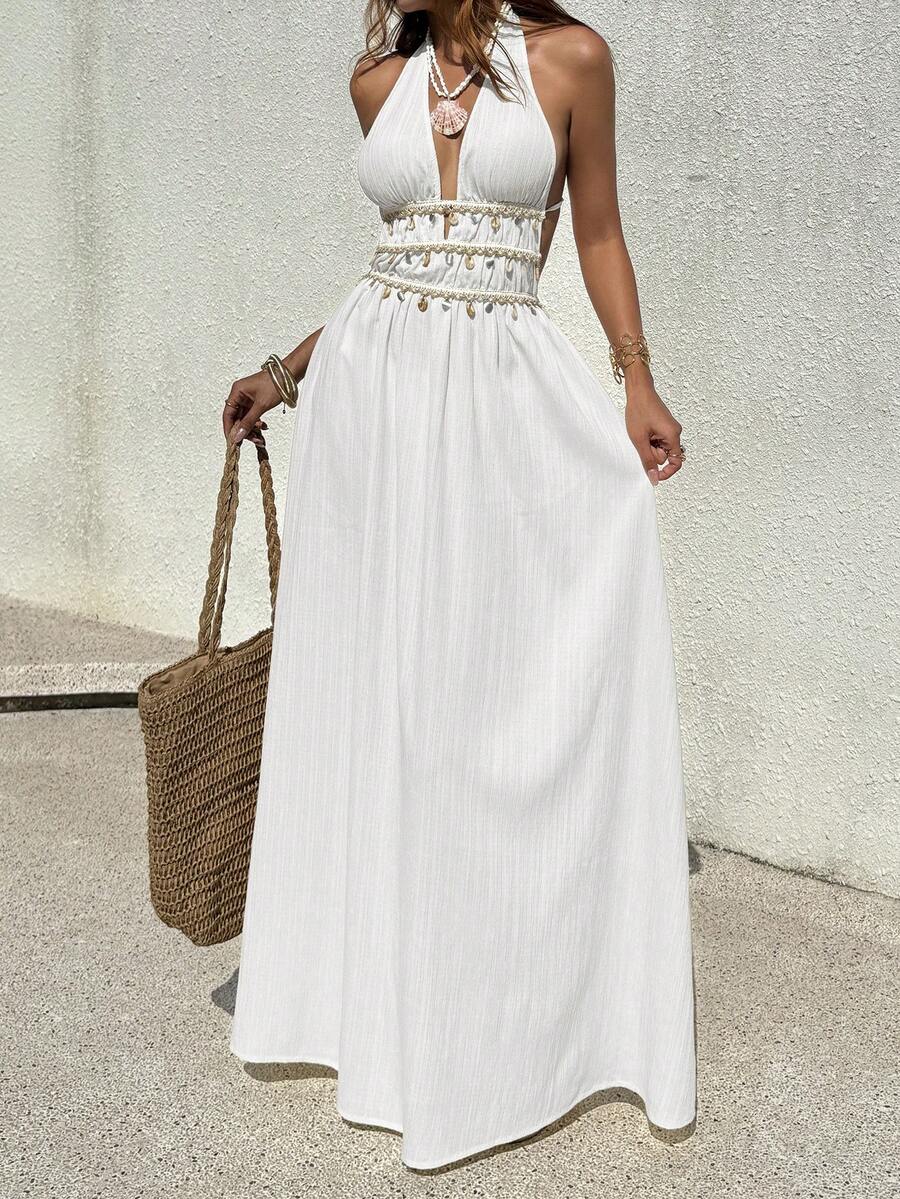 Vestido Saída de Praia Longo Halter Sol da Enseada com Nó e Bainha Plissada — fotografia 12 | Mar & Pérola